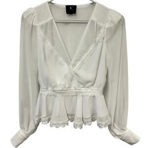 X by NBD White Peplum Lace Trim Surplice Neck Blouson Sleeve Office Blouse Sz XS